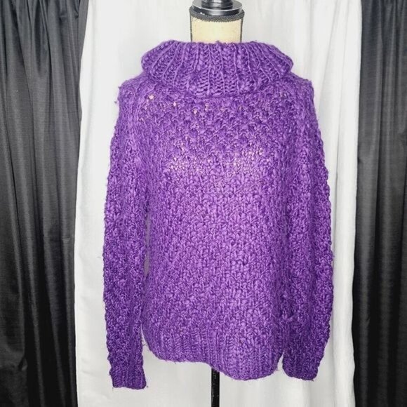 Chelsea & Theodore Purple Chunky Loose Knit Rolled Turtleneck Sweater - Picture 2 of 11